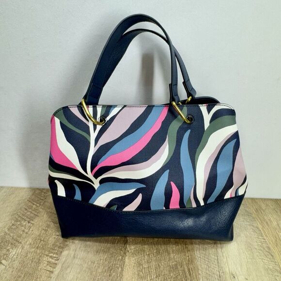 Fossil Lane Satchel Handbag Sea Pink Zebra Stripe Double Handle Zipper Pockets - Picture 5 of 16